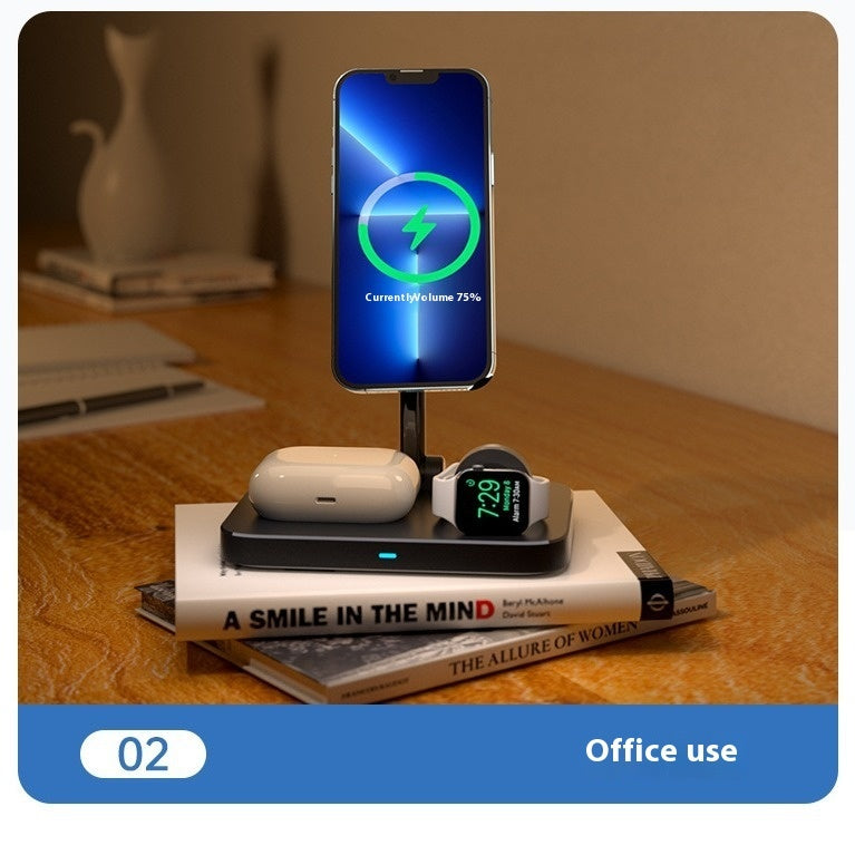 USB-C 3-i-1 Trådlös Laddare med Magnetisk Mobilhållare och Kylfunktion – Svart